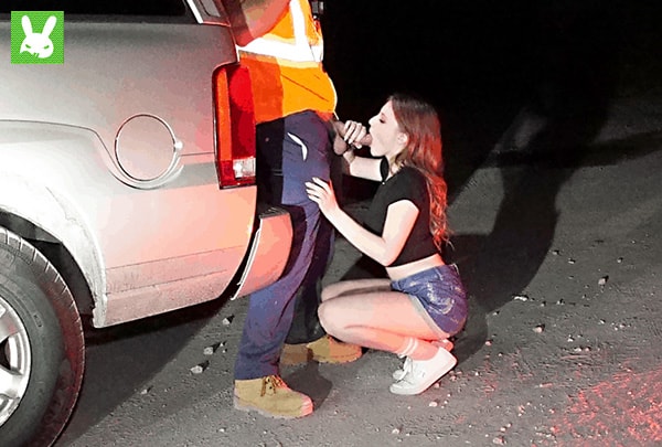 Melody marks give blowjob next to parked car