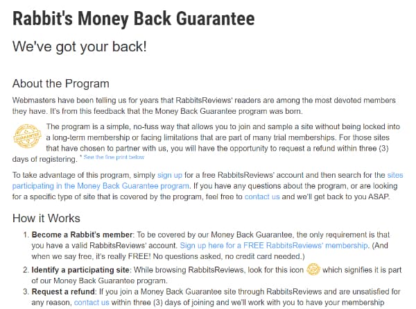 Rabbitsreview Money Back Guarantee page terms screenshot