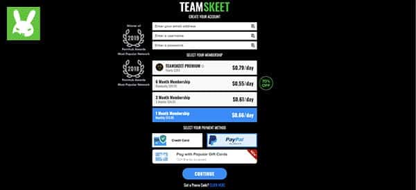 team skeet sign up with paypal page